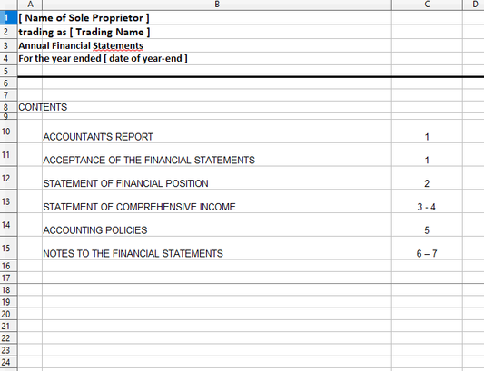 Annual Financial Statements for a Sole Proprietor Spreadsheet