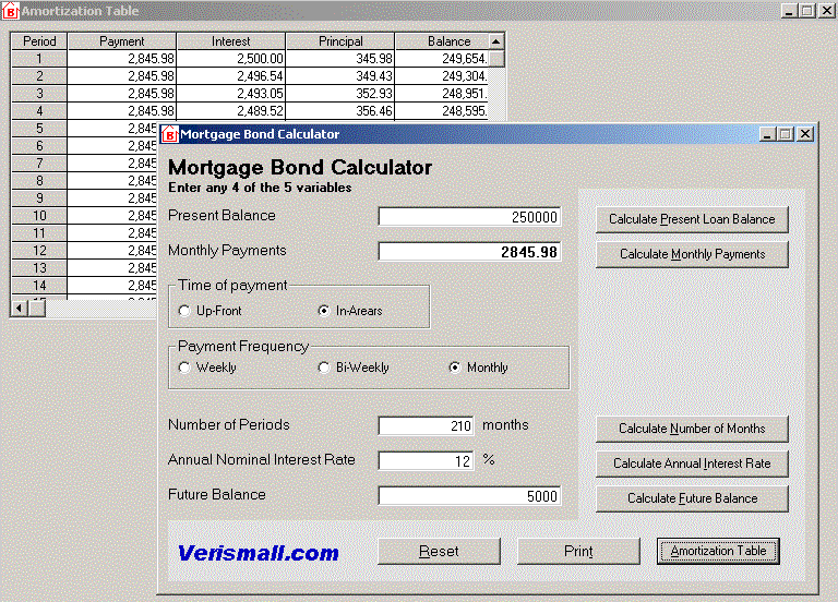 Mortgage Bond Calculator (Windows TVM calculator)