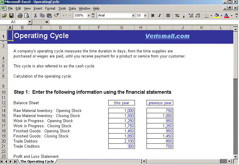 Operating Cycle Calculator Spreadsheet